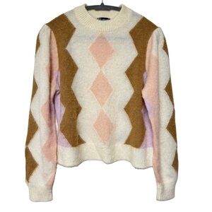 {J. Crew} Alpaca Wool Blend Long Puff Sleeve Mock Neck Geometric Sweater Top